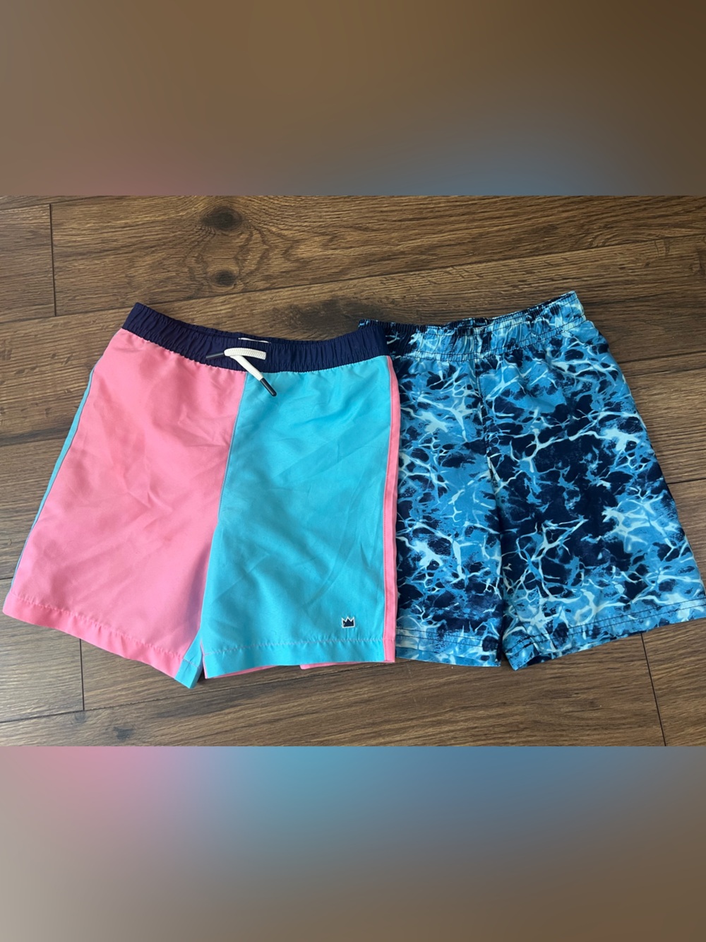 Crown & Ivy Kids Pink and Aqua Colorblock Swim Shorts with Navy Waistband